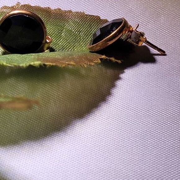 Best Silver New 18K Gold-Plated Sterling Silver Round Bezel Black Onyx Earrings - Picture 3 of 6